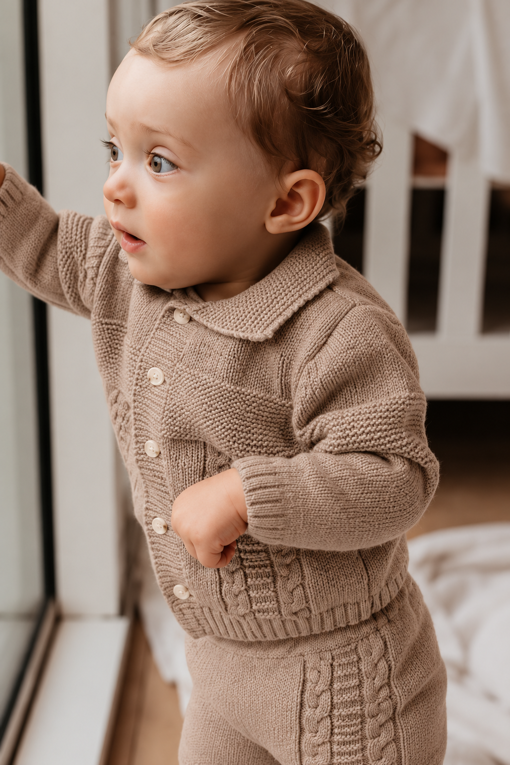 Baby met gebreide babyset Warm Taupe bij raam